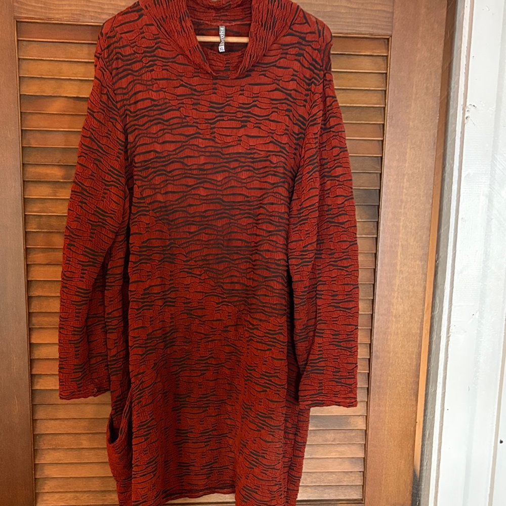 Red and Black Patterned Tunic dress with cowl neck and pocket
